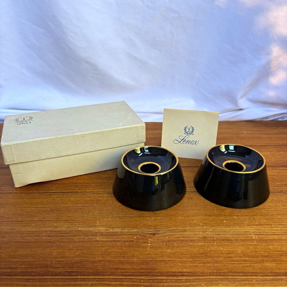 Lenox Black Porcelain Gold Trim Candle Holders Set of 2 Original Box Vintage